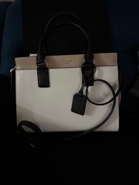 Kate Spade Colorblock Leather Satchel - White and Beige with Black Trim